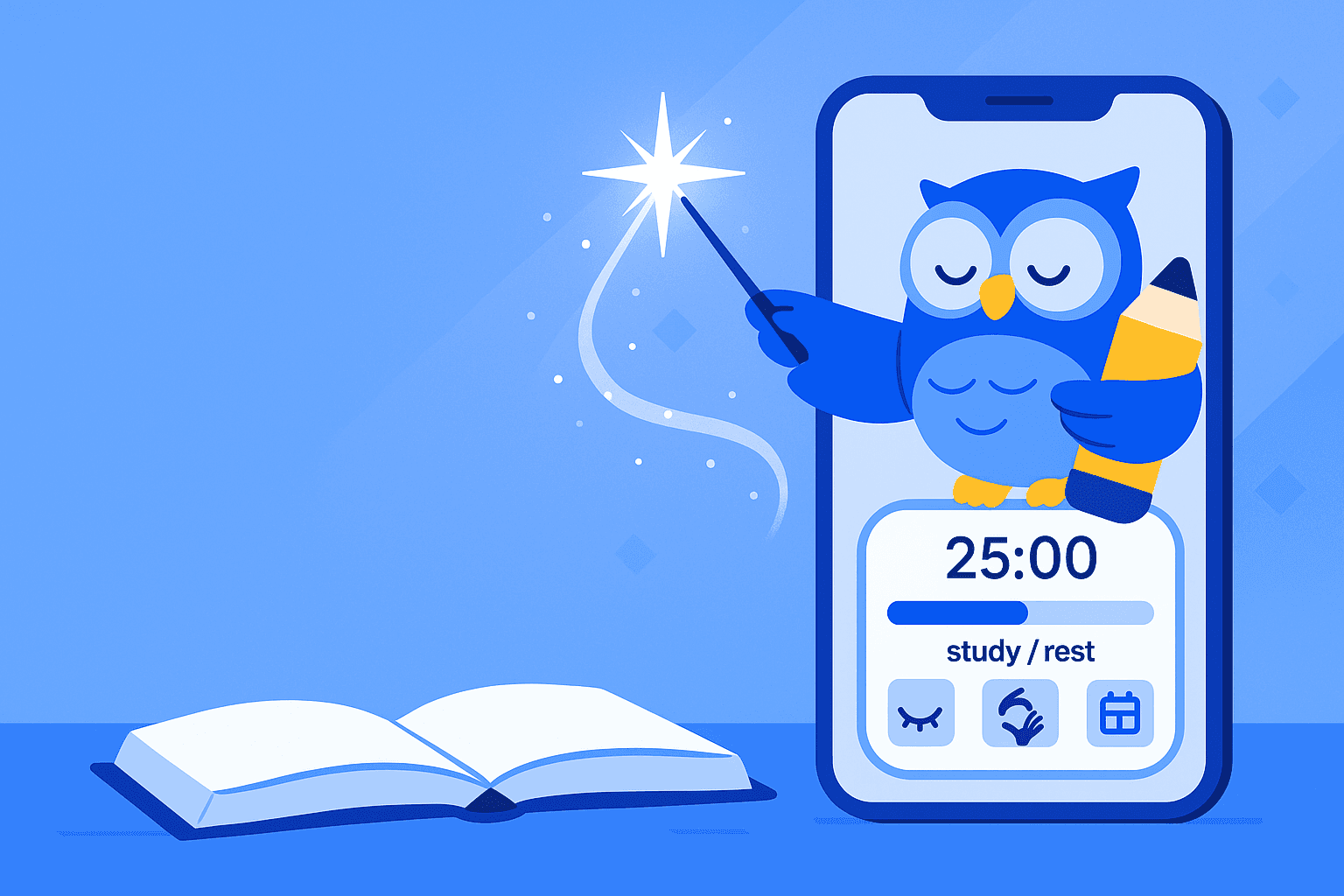 25分の集中作業と5分の休憩を繰り返すポモドーロテクニックタイマーの画面。受験勉強の集中力向上をサポート